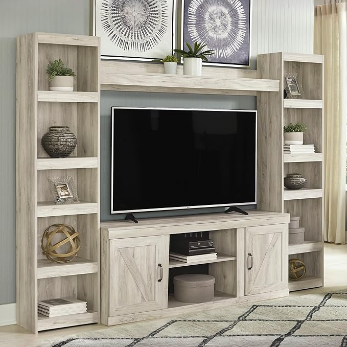 Signature Design by Ashley Bellaby Farmhouse 4-Piece Entertainment Center for TVs up to 69" with Adjustable Shelves, Whitewash
