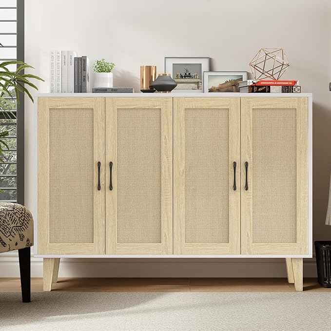 Panana Buffet Storage Cabinet with Rattan Decorating 4 Doors Living Room Kitchen Sideboard 48.43 x 34.65 x 15 inch (White)