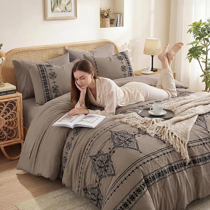 MaiRêve King Size Comforter Set Taupe Grey, Embroidery Floral Western Boho Bedding Set, All Season 7 Pieces Bed in a Bag with Sheets, Pillowcases & Shams