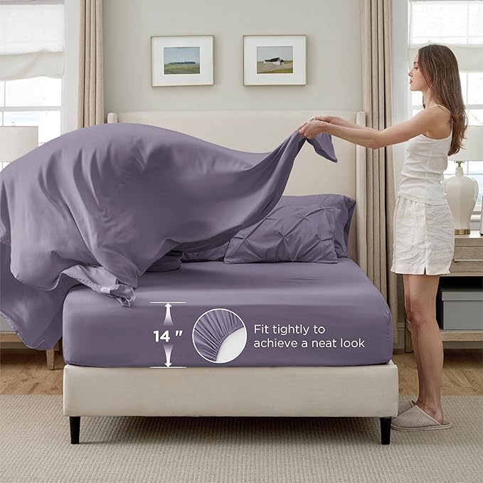 Bedsure King Size Comforter Set Grayish Purple - Bed in a Bag Bedding Set 7 Pieces, GentleSoft™ Pintuck Bed Set Gift for Family, Pinch Pleat Grayish Purple Comforter with Sheets, Pillowcases & Shams