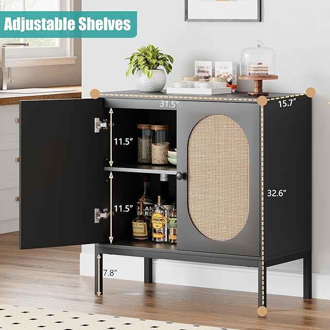 IDEALHOUSE Rattan Buffet Cabinet with Doors and Shelves, Black Console Cabinet for Living Room, Dining Room, Hallway