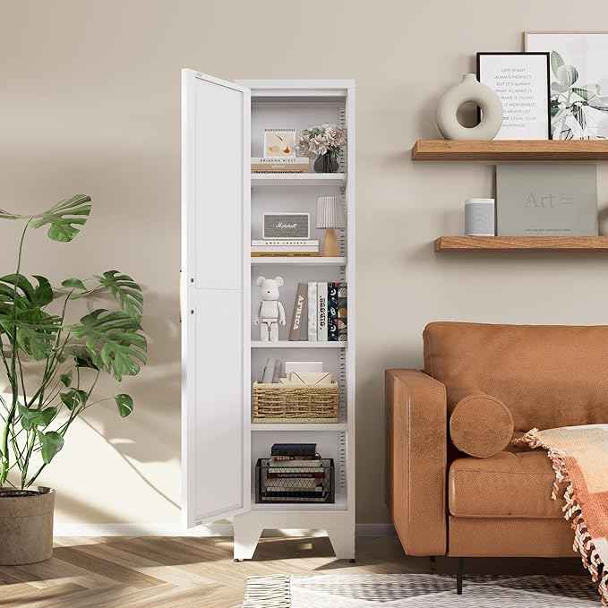 COFaR Tall Bathroom Storage Cabinet, Metal Farmhouse Narrow Slim Cabinet with Adjustable Shelves Barn Door for Bathrooms, Kitchens, Entrances Living Room (White)