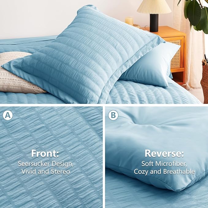 CozyLux King Size Comforter Set Sky Blue Seersucker 7 Pieces Bed in a Bag King Comforter Set with Sheets, Luxury Bedding Set with Down Alternative Comforter, Sheets, Pillowcases & Shams All Seasons