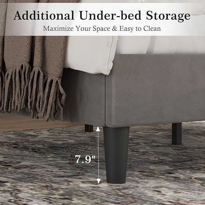 VECELO Queen Bed Frame with Upholstered Headboard, Heavy-Duty Platform Bedframe with Strong Wooden Slats Support, No Boxing Spring Needed, Dark Grey