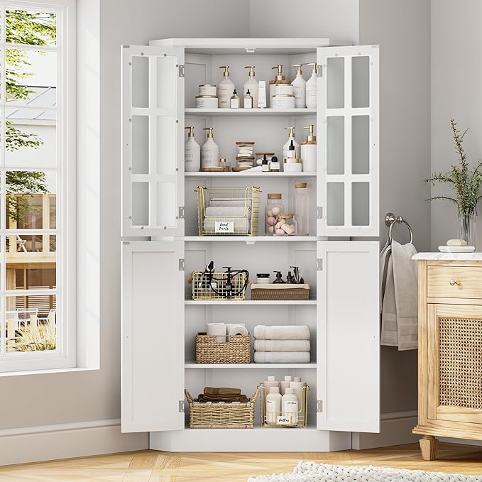 67" Corner Cabinet, Corner Kitchen Pantry with Doors, Farmhouse Kitchen Cabinet with 6 Storage Shelves, Space Saver for Bathroom, Living Dining Room, White