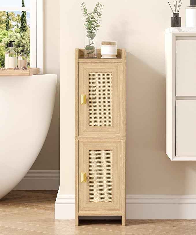 Rattan Small Bathroom Cabinet with 2 Doors, 7.9''D x 7.9''W Narrow Toilet Paper Storage Cabinet, Bathroom Organizer for Small Spaces, Wooden Slim Corner Unit with Adjustable Shelf, Natural Oak