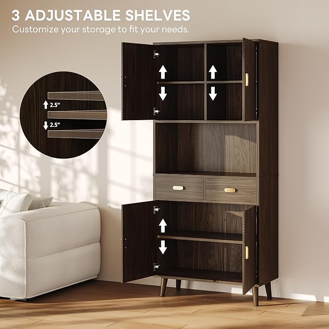 LIKIMIO 71.6" Tall Walnut Mid-Century Hutch Cabinet with Storage- 3 Adjustable Shelves, 2 Drawers, Multi-Room Pantry
