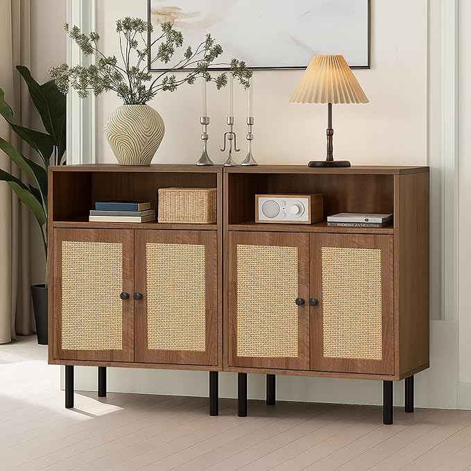Rattan Storage Cabinet, Boho Accent Cabinet with Double Doors, Small Freestanding Sideboard for Hallway, Laundry Room,Kitchen, Dining Room, Entryway (Walnut)