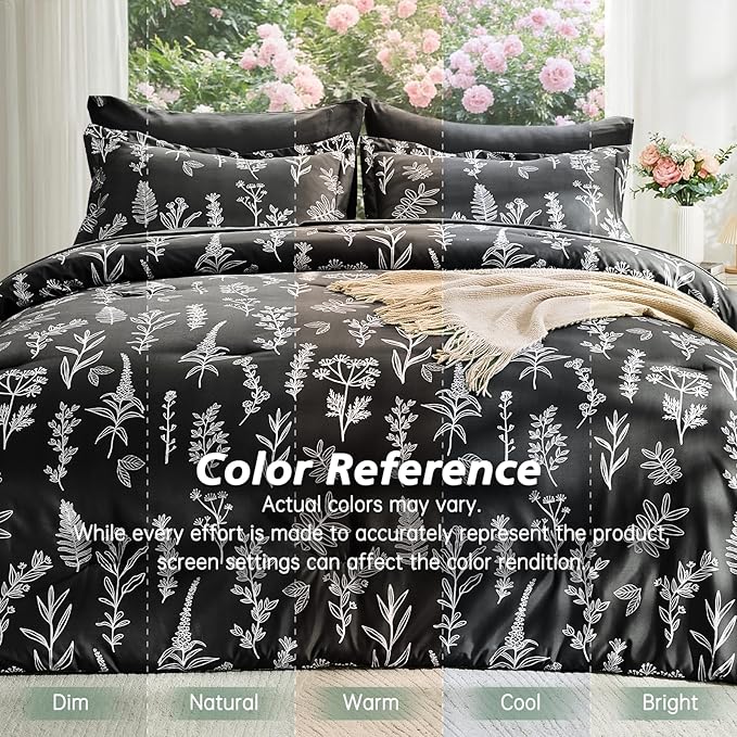 MUXHOMO Black King Comforter Set, Elegant Floral Print Bed in a Bag 7 Pieces, Ultra Soft & Breathable Reversible Botanical Pattern Bedding Set with Comforter, Sheets, Pillowcases, and Shams