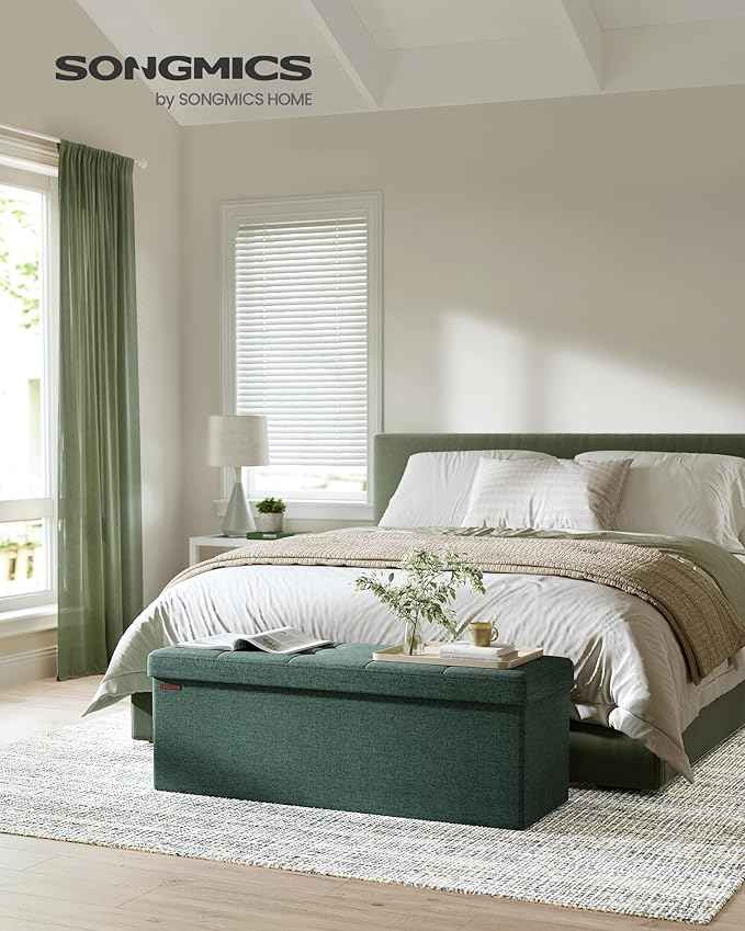 SONGMICS MAZIE Collection - 43 Inches Folding Storage Ottoman Bench, Ottoman Foot Rest, End of Bed Bench, Storage Chest, Load 660 lb, for Living Room, Bedroom, Entryway, Retro Green ULSF077C01