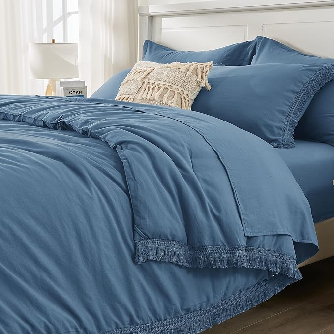 Andency Full Size Comforter Set Sea Blue -7 Pieces Boho Tassel Bed in a Bag Soft Lightweight Bedding Sets, Fringe All Season Bed Set with Comforter, Sheets, Pillowcases & Shams