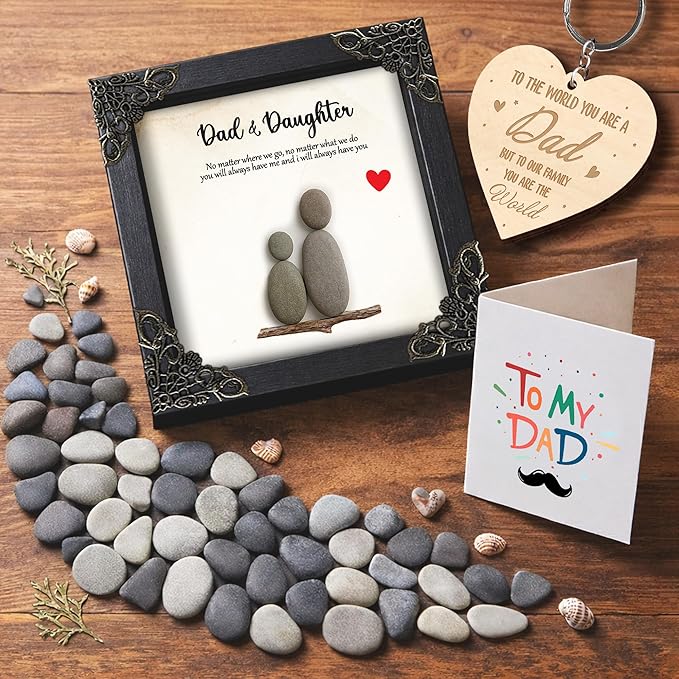 Dads Gifts from Daughter, 5.5" Pebble Art Frame Dad & Daughter Plaque, Engraved Daddy Keychain, Thank You Card, Best Dad Ever Gift Set, Fathers Day Present, Birthday Gift for Husband S199-55