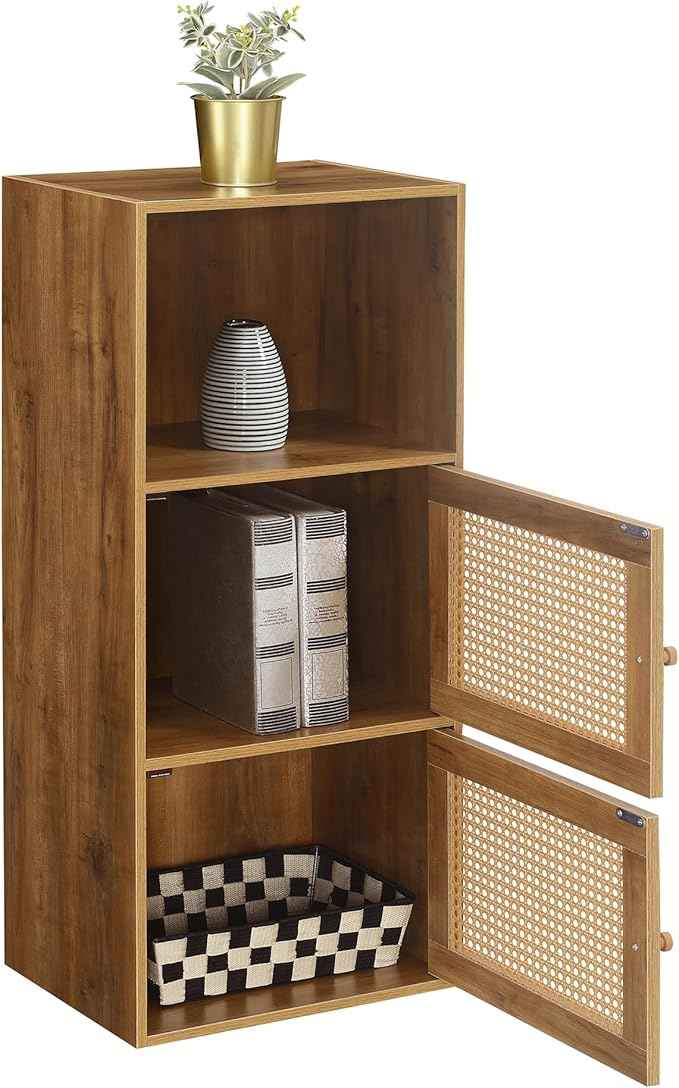 Convenience Concepts Xtra Storage Boho Weave 2 Door Cabinet 16.5" - Modern Storage Organizer with Shelf, 2 Cabinet Doors, for Living Room, Bathroom, Office, Den, Brown Autumn Haze/Beige Barley