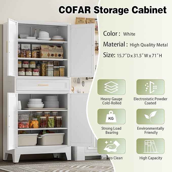 COFaR 71" Tall Kitchen Pantry, Farmhouse Storage Cabinet with Doors and Shelves, Metal Cabinet with Drawers and Legs, for Cupboard/Dining Room/Bathroom/Living Room/Office/Laundry Room (White).