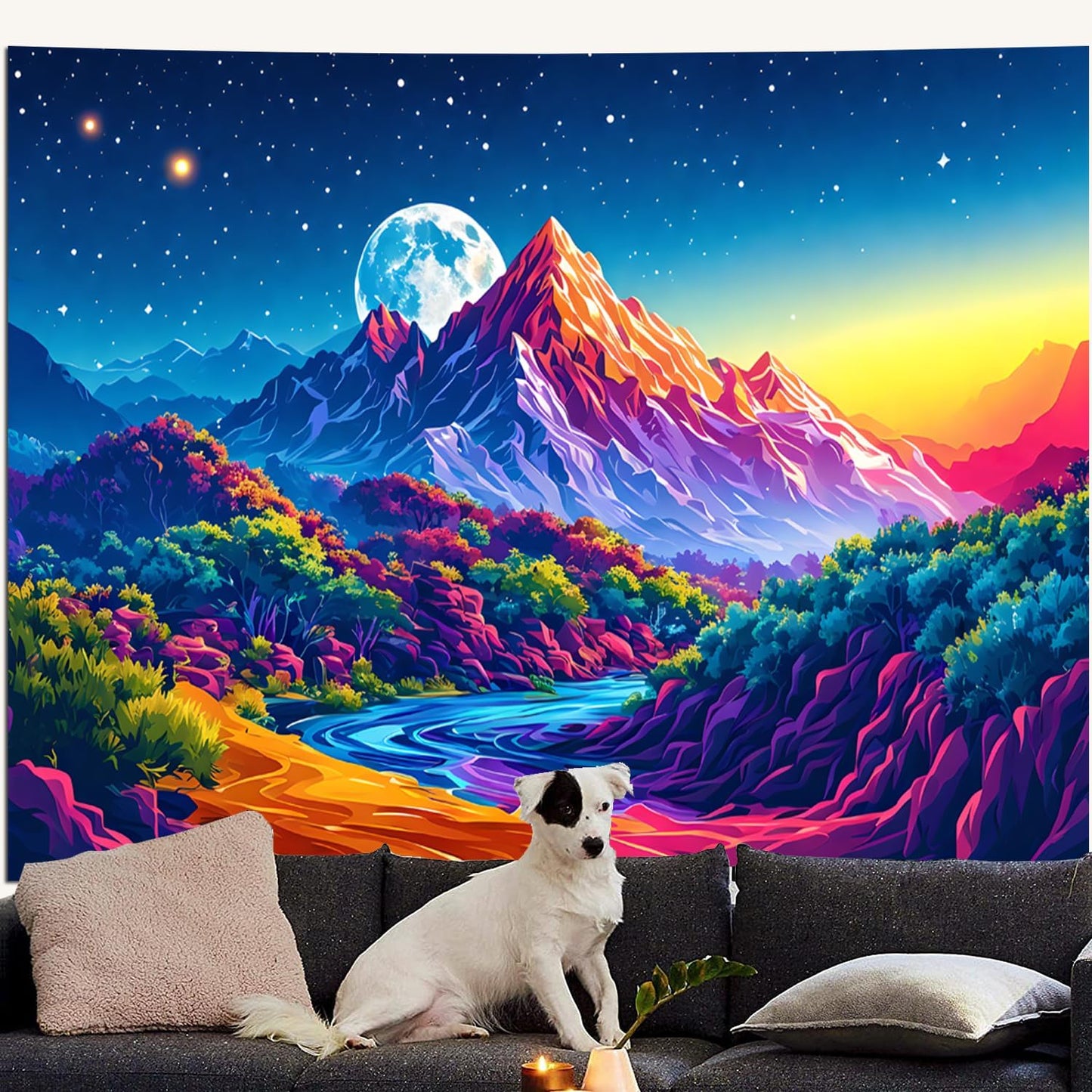 SparkLia Blacklight Sunset Mountain Tapestry – UV Reactive Forest Lake Wall Hanging, Neon Glow in the Dark Starry Sky Moon Nature Landscape for Bedroom, Living Room & Dorm Decor – 59.1" x 80"