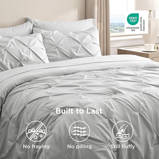 Bedsure Twin Comforter Set Light Grey - Bed in a Bag Twin Size Bedding 5 Pieces, GentleSoft™ Pintuck Bed Set Gift for Family, Pinch Pleat Light Grey Comforter with Sheets, Pillowcase & Sham