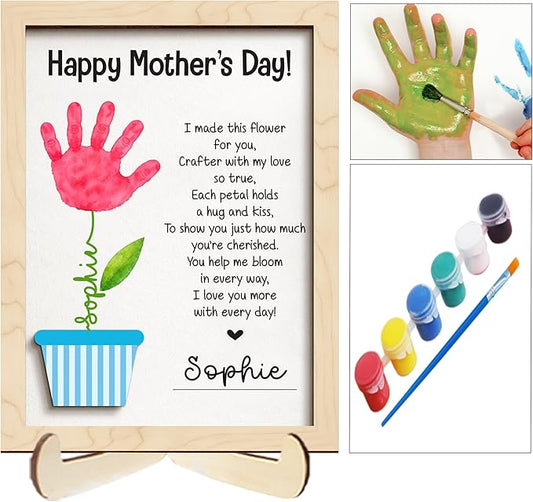 Mothers Day Handprint Gifts for Mom from Daughter Son, Personalized Family Handprint Frame, Custom Family Art Keepsake, DIY Flower Craft Wood Sign with Paint, Gift for New Parents, Grandma, Nana