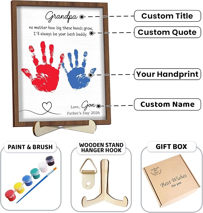 Personalized Handprint Wooden Sign for Mom Dad Grandma Nana, DIY Kids Handprint Frame with Paints, Art Craft Family Keepsake, Mothers Fathers Day Birthday Gift for New Parents, Friends, Home Decor