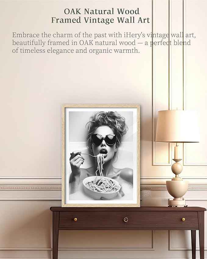 iHery Natural OAK Wood Framed Wall Art, 12x16in Woman Wearing Sunglasses Eating Pasta in Bath Canvas Wall Decor, Funny Black and White Bathroom Wall Decor, Kitchen Room Print Set of 1