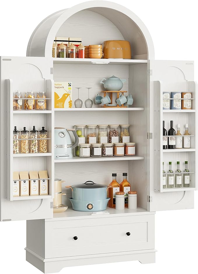 IRONCK 70.9" Tall Arched Kitchen Pantry, Kitchen Cabinet with Large Drawer, Adjustable Shelves, Arched Open Shelving, 2 Doors with Storage Shelves, Modern Versatile Cupboard for Kitchen, Dining Room