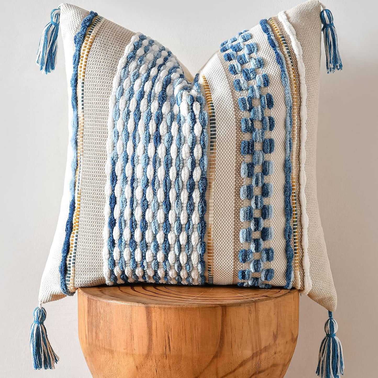 AmHoo Chenille Striped Textured Boho Throw Pillow Covers Aesthetic with Tassels Woven Decorative Pillow Case for Couch Bed Sofa Bedroom Modern Funky 18 x 18-Inch Sky Blue