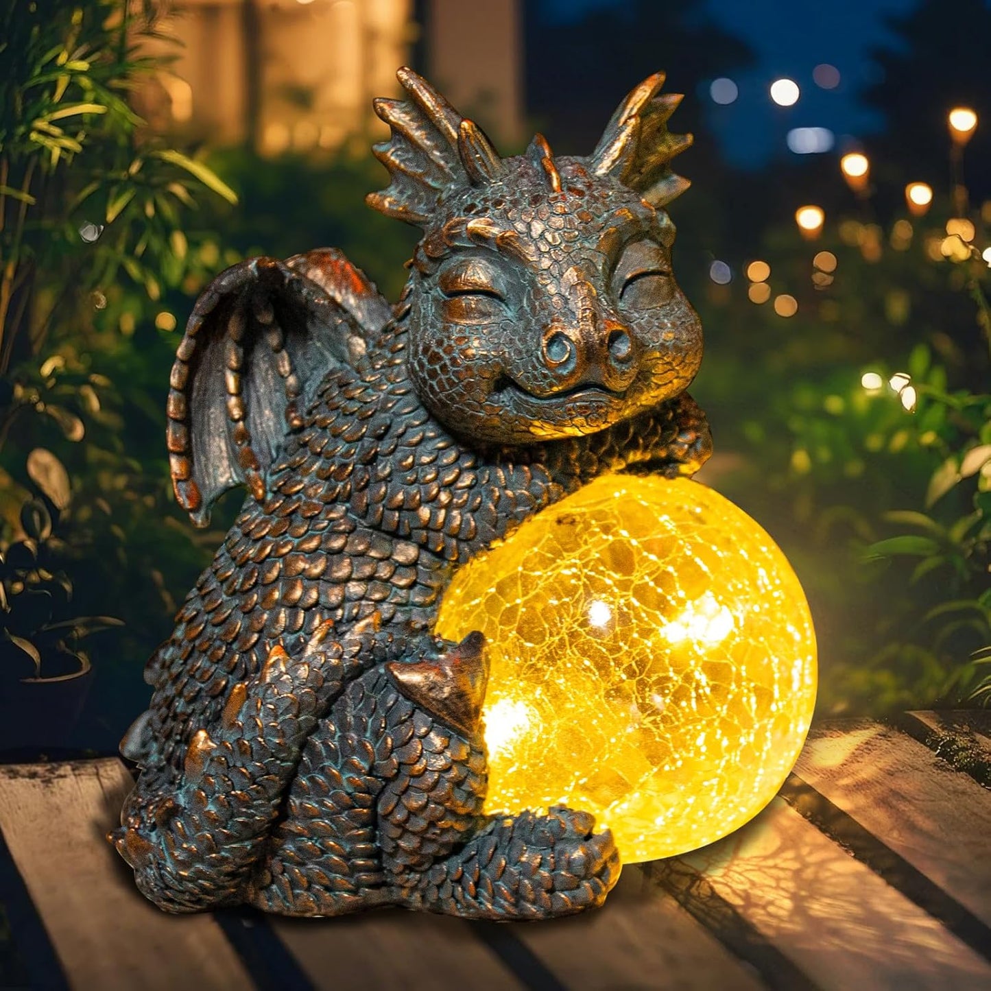 WONDER GARDEN Dragon Statue - Sleeping Dragon Figurines Solar Light Resin Garden Statues with Crackled Glass Globe Outdoor Waterproof Lawn Ornament Decor