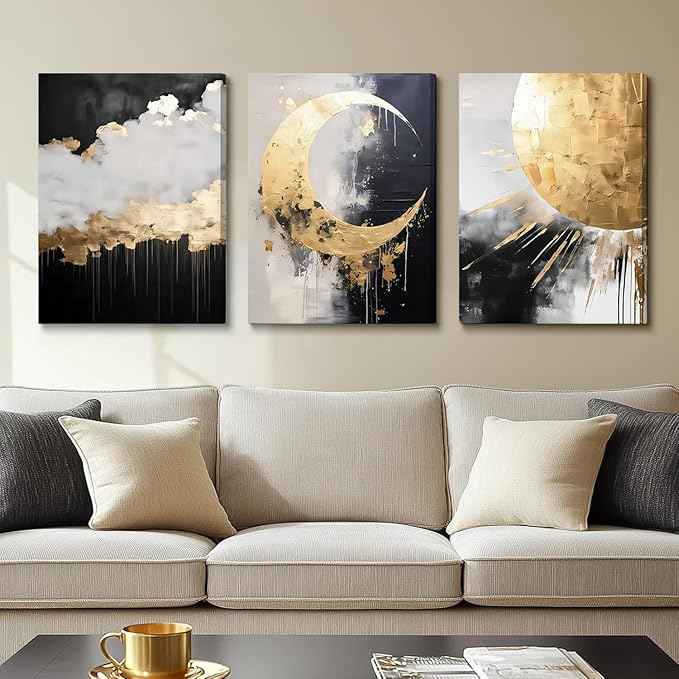 3Pcs Framed Black and Gold Abstract Canvas Wall Art Sun Moon And Cloud Posters Prints Maximalist Pictures Wall Decor For Living Room, Bedroom,bathroom Decoration