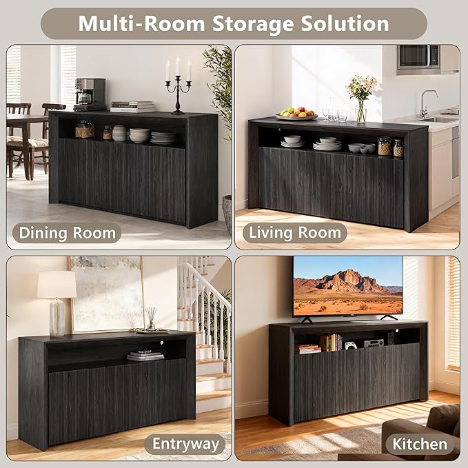 Feonase Buffet Cabinet with Storage & Led Lights, 66.2" Modern Sideboard Cabinet with 4 Doors & Shelves, Fluted Media Console Mid Century, Coffee Bar Table for Dining Room Kitchen, Dark Grey