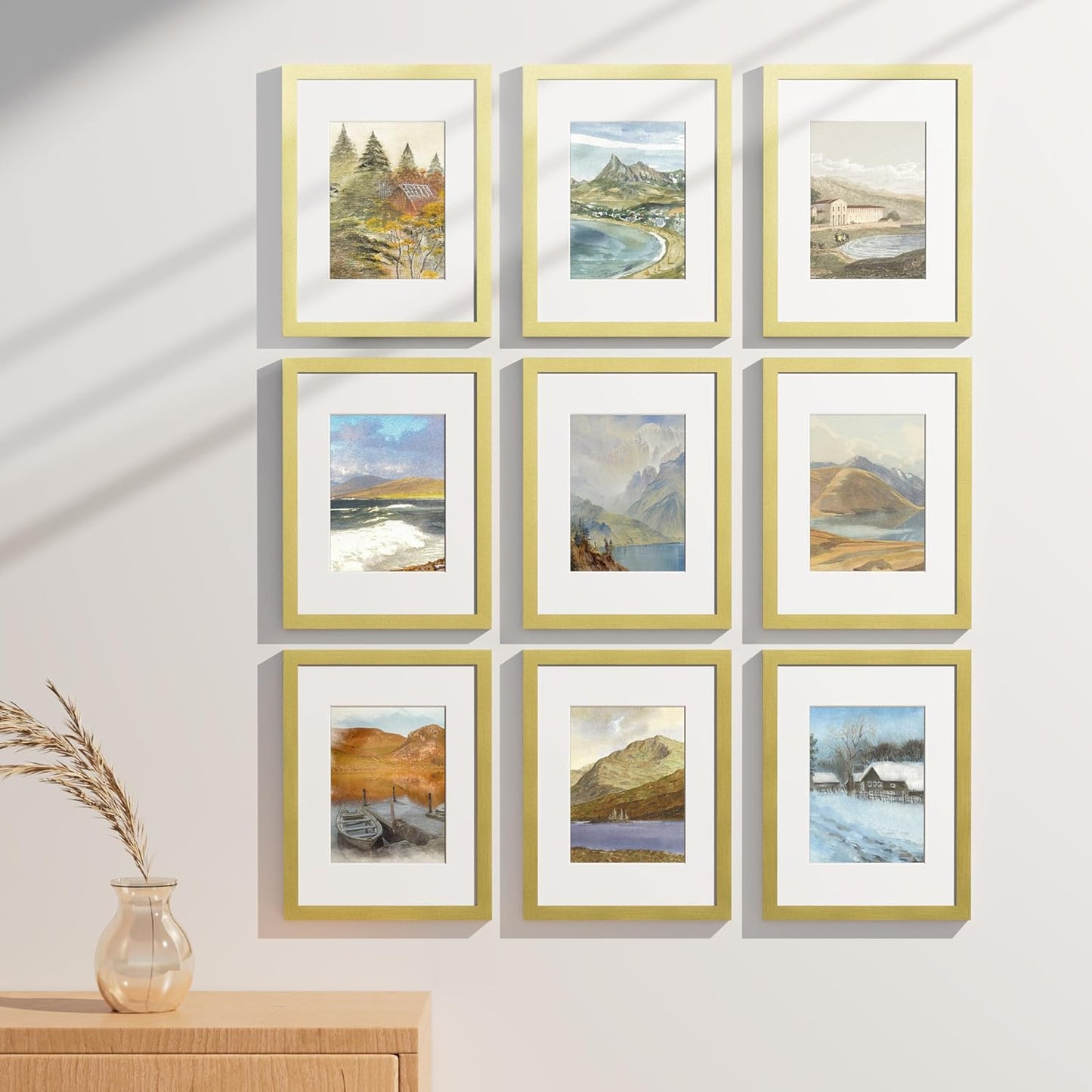 Vittanly 9x12 Picture Frames Set of 9, Shatter Resistant Plexiglass, Display 6x8 Pictures with Mat or 9x12 without Mat, Photo Frames for Wall or Tabletop, Engineered Wood, Gold