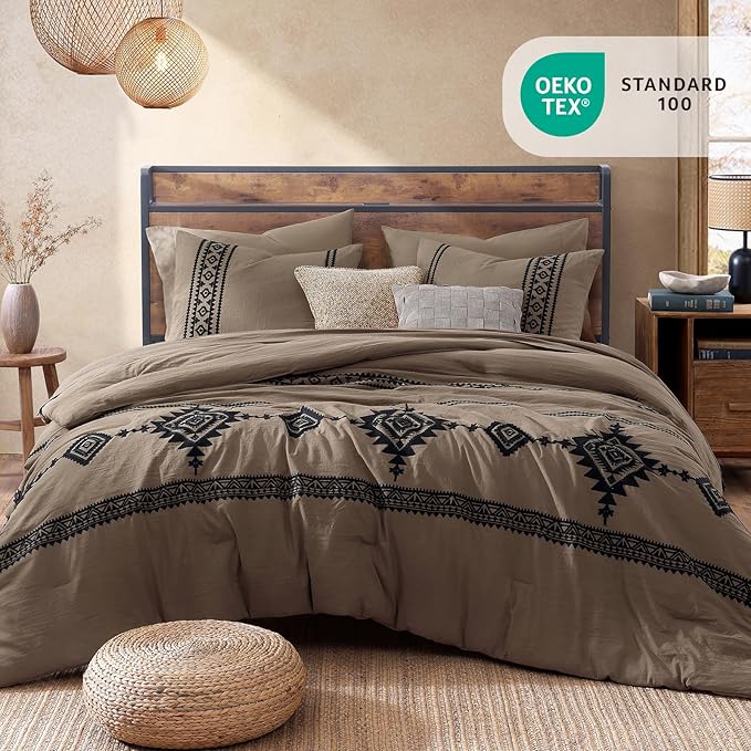 MaiRêve Embroidery Queen Size Comforter Set Taupe Grey, Boho Farmhouse Western Bedding Set 7 Pieces, All Season Bed in A Bag Comforter Set with Sheets, Pillowcases & Shams