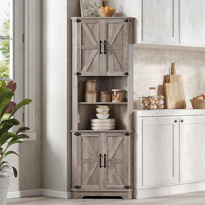 Vabches 68.9" Tall Corner Cabinet, Farmhouse Style Storage Cabinet with Adjustable Shelve, Barn Door Design, Home Space Saver for Kitchen,Bathroom, Living Room, Dining Room (Grey)