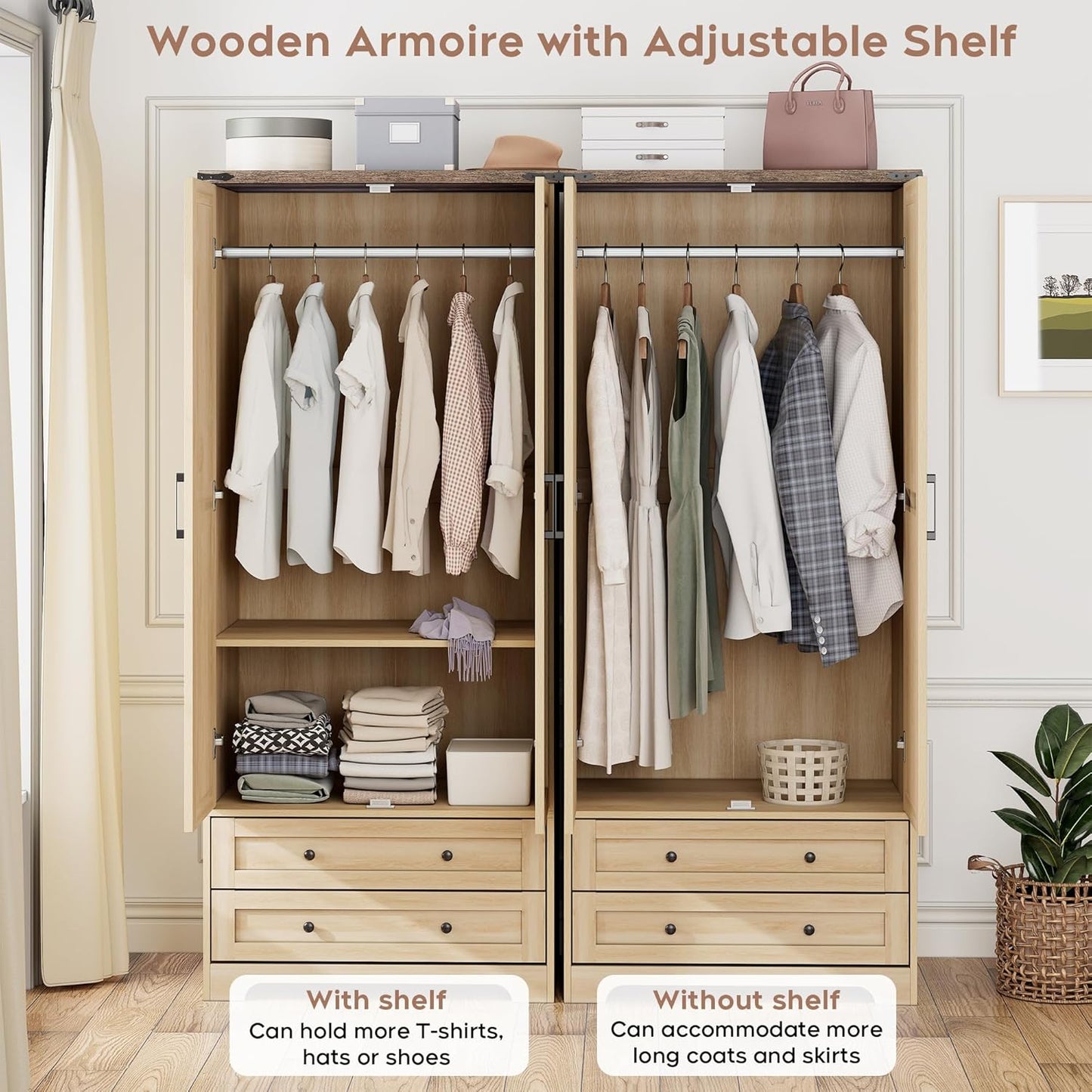 Brafab Wooden Armoire Wardrobe Closet with 2 Modern Doors, 71" Tall Freestanding Closet Wardrobe Cabinet with Drawers and Hanging Rail, Storage Cabinet with Shelve for Bedroom (Natural, 2 Doors) - Décor Diaries