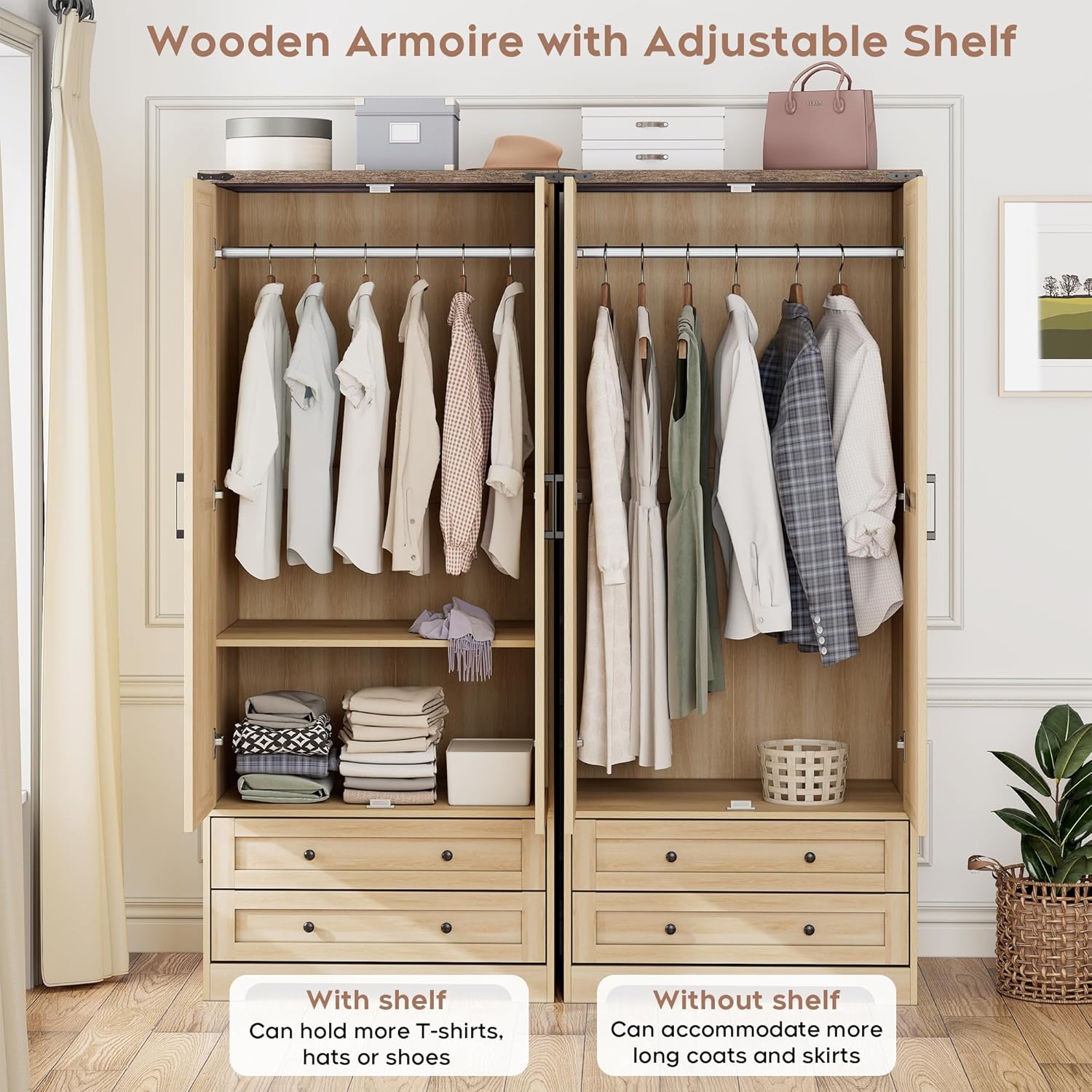 Brafab Wooden Armoire Wardrobe Closet with 2 Modern Doors, 71" Tall Freestanding Closet Wardrobe Cabinet with Drawers and Hanging Rail, Storage Cabinet with Shelve for Bedroom (Natural, 2 Doors) - Décor Diaries