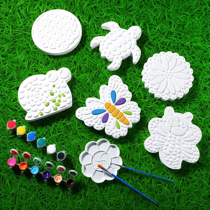 6 Pack Stepping Stone Ceramic Kit for Kids Paint Your Own Plaster Stones Arts and Crafts Handprint Garden and Spring DIY Craft Pottery Outdoor Painting Gifts for Kids Ages 4-12