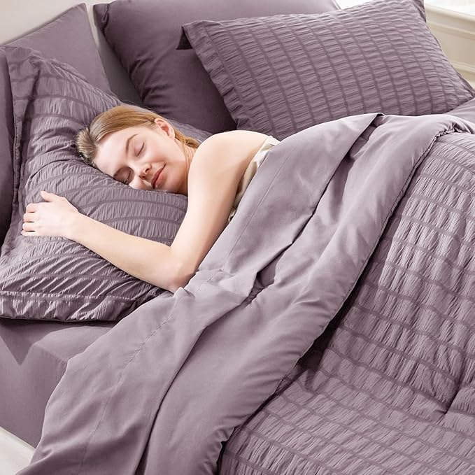 CozyLux Oversized Queen Comforter Set Dusty Purple Seersucker 7 Pieces 98x98 Bed in a Bag Comforter Set with Sheets, Luxury Bedding Sets with Down Alternative Comforter, Sheets, Pillowcases & Shams