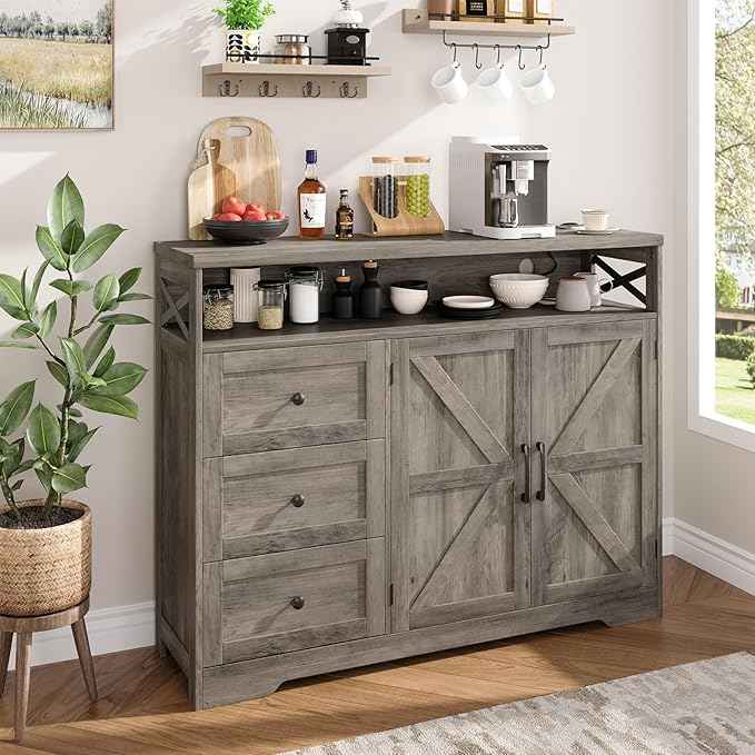 Vabches 47''W Farmhouse Sideboard Buffet Cabinet with Charging Station and 3 Drawers, Coffee Bar with Adjustable Shelf, Rustic Accent Cabinet with Storage for Kitchen, Living Dining Room, Rustic Grey
