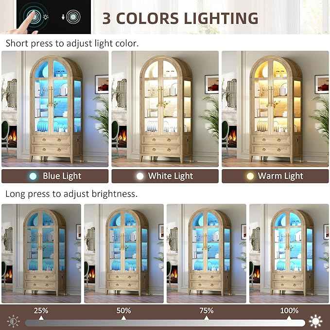 Arched Curio Cabinet with Glass Doors, 4-Tier Display Cabinet with 2 Drawers, Tall Bookcase with 3 Color Lights, Display Case, Kitchen Pantry (Wood)