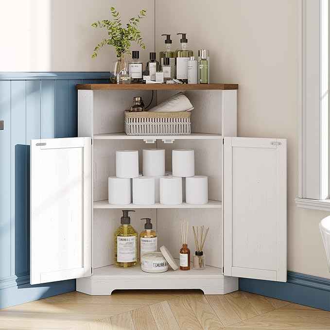 Vabches Farmhouse Corner Cabinet with Charging Station,Small Corner Storage Cabinet with Barn Doors and Adjustable Shelves for Living Room,Bathroom,and Kitchen
