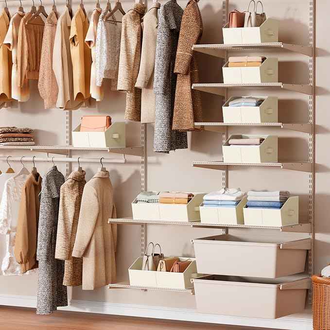 Storage Bins for Shelves - Large Trapezoid Closet Shelf Organizer, Fabric Organization Bins with Handles, Storage Baskets for Clothes, Towel, Purse, 4 Pack, Beige