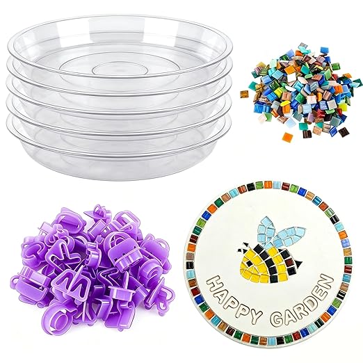 U0U 5PCS Stepping Stone Kit Includes Round Cement Molds, Mosaic Tiles and Carving Tools,DIY Garden Stepping Stone kit for Kids,Family,Outdoor Walkways Pavement Decoration (transparent/5pcs, 10inch)
