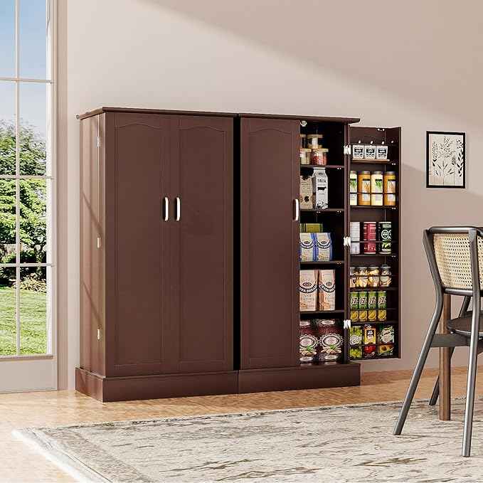 47” Pantry Cabinet, Kitchen Pantry Storage Cabinet with Doors & Adjustable Shelves, Brown Freestanding Buffet Cupboards Sideboard for Living Room and Dinning Room, Sturdy and Durable