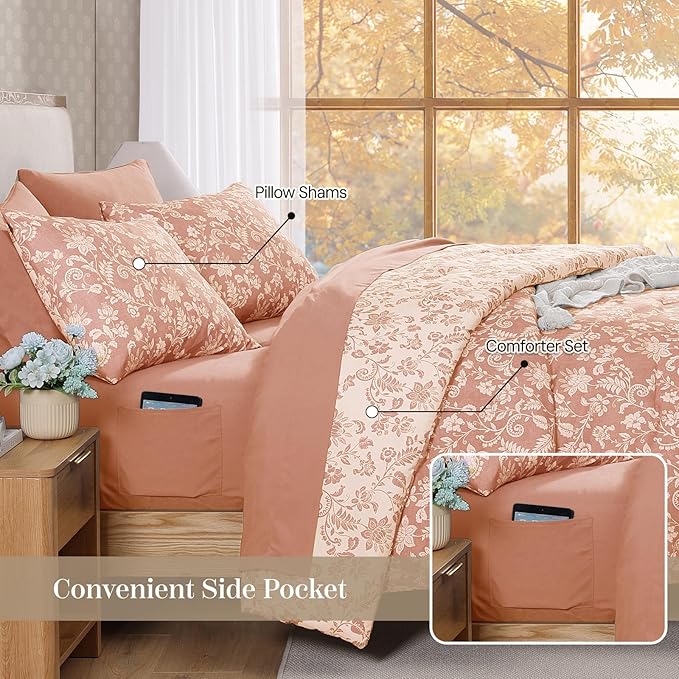 Queen Comforter Set -7 Pieces Clay Pink Floral Comforter Set for All Seasons, Bed in a Bag Queen with Botanical Flowers Comforter, Sheets, Pillowcases & Shams
