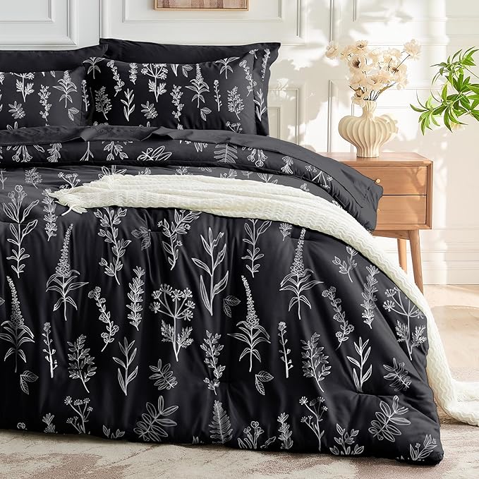 MUXHOMO Black Twin Comforter Set, Elegant Floral Print Bed in a Bag 5 Pieces, Ultra Soft & Breathable Reversible Botanical Pattern Bedding Set with Comforter, Sheets, Pillowcase, and Sham