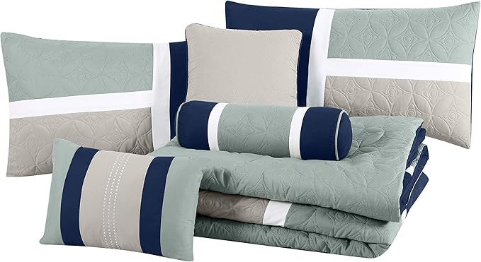 Chezmoi Collection Upland 7-Piece Quilted Patchwork Comforter Set, Navy/Blue/Gray, Queen