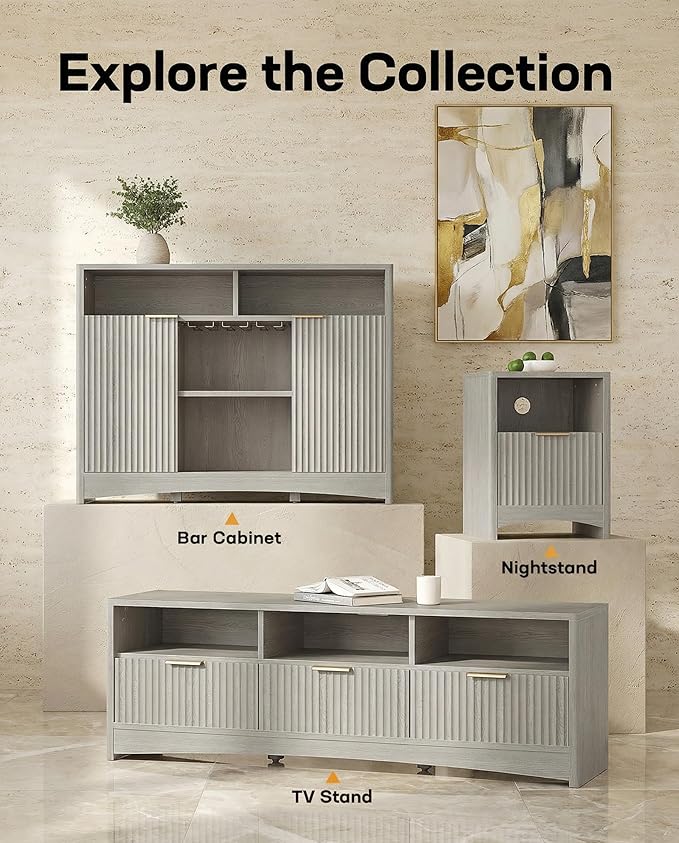 Marsail 47.2" Bar Cabinets with Storage,Modern Sideboard with Fluted Glass Doors,Versatile Coffee Bar with Adjustable Shelves and Stemware Rack for Kitchen and Living Room,Light Grey