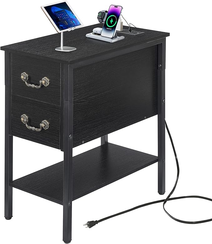 VECELO End Tables,Narrow Nightstands with Charging Station & USB Ports &Drawers,Night Stand for Living Room, Bedroom,Black
