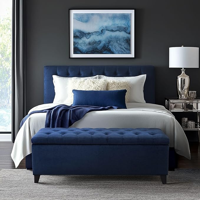 Madison Park Entryway Accent Bench for Living Room Flip Top Storage Chest, Shandra Tufted Top Upholstered Storage Bench End of Bed for Bedroom Furniture, Indoor Seating, 49"Wide, Navy