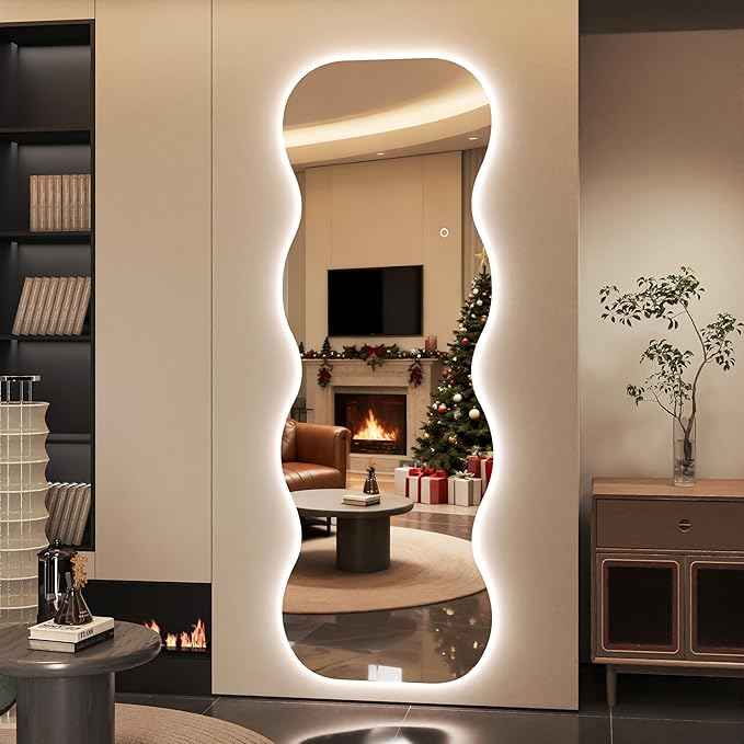 Hasipu Wavy Full Length Mirror with Lights - 71"×24" LED Wavy Floor Mirror, Frameless, Dimmable, Standing or Vertical/Horizontal Wall-Mounted Mirror for Bedroom, Living Room, Cloakroom