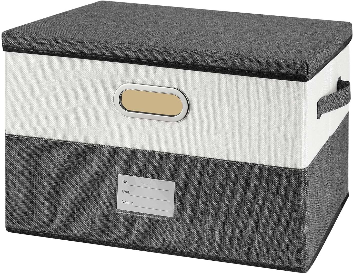 Large Linen Fabric Foldable Storage Bins with Removable Lid and Handles, Washable Storage Box Organizer Containers Baskets Cube with Cover for Bedroom,Closet,Office,Nursery(Grey&Cream, Medium)