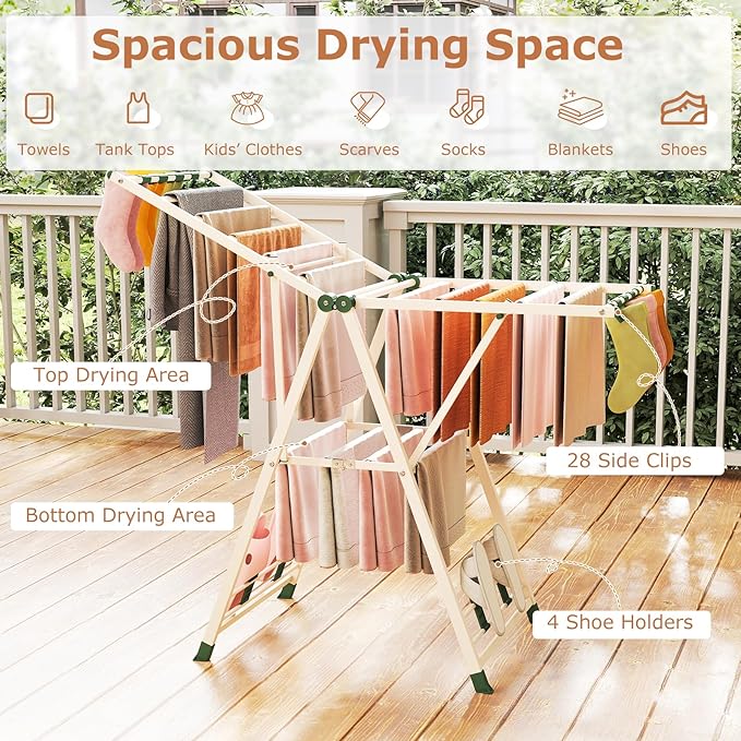 Giantex Clothes Drying Rack, Foldable Metal Laundry Drying Rack with Height Adjustable Wings, 16 Drying Rails, Sock Clips & Shoe Racks, Freestanding Clothing Stand for Indoor & Outdoor, Beige